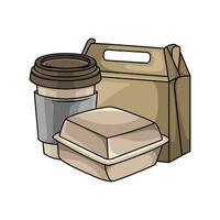 confezione busta di carta, scatola sterofoam con tazza caffè bevanda illustrazione vettore