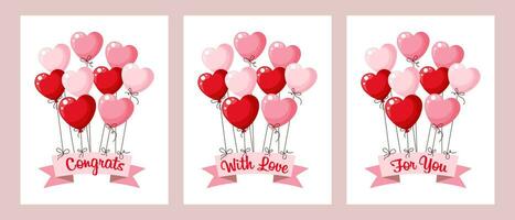 un' impostato di carte con palloncini cuori per San Valentino giorno, nozze. Congratulazioni, con amore, per voi. illustrazione, vettore