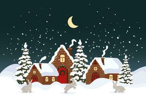 inverno paesaggio con carino case, abete alberi e lepri nel il neve. allegro Natale saluto carta modello. illustrazione nel piatto stile. vettore