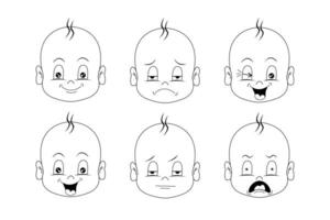 bambino facciale espressione impostato isolato icone su bianca sfondo. carino ragazzo bambino facce mostrando diverso emozioni. colorazione libro pagine vettore