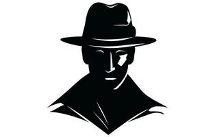 investigatore logo, silhouette di uomo indossare cappello e cappotto vettore