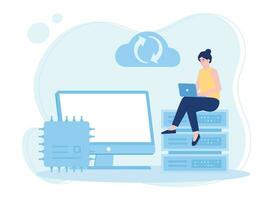 donna con il computer portatile è sostegno su nube Banca dati concetto piatto illustrazione vettore