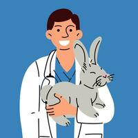 un' maschio veterinario con un' coniglio nel il suo braccia. vettore illustrazione di animale cura. piatto stile. un' medico nel un' uniforme e un' medico cappotto con un' coniglio su un' blu. internazionale del veterinario giorno