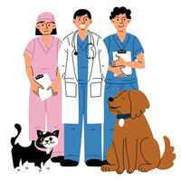 contento ragazze e ragazzi siamo veterinari con animali domestici. vettore illustrazione di animale cura. piatto stile. medici e infermieri con un' gatto e un' cane su un' bianca sfondo. internazionale del veterinario giorno