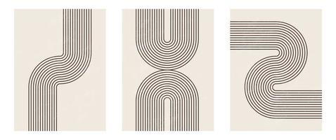 set di stampa d'arte moderna minimalista di metà secolo con forma naturale organica. astratto sfondo estetico contemporaneo con linea nera minimale geometrica su beige. decorazione della parete boho. vettore