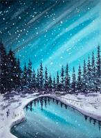 mano dipinto acquerello inverno paesaggio con pino alberi. acquerello inverno nevoso paesaggio con pino alberi e lago. vettore