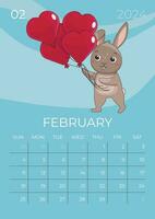 verticale bambini calendario 2024. mese di febbraio. lepre è Tenere un' mazzo di a forma di cuore palloncini. a5 formato. vettore grafico.