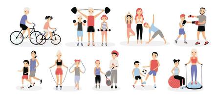 famiglia gli sport attività collezione. madri e padri con bambini impostare. bosu, sollevamento pesi, boxe, salto corda, tennis, calcio, jogging, yoga, Ciclismo addestramento. colorato vettore illustrazione.