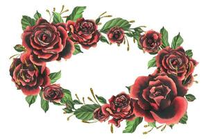 rosso nero rosa fiori con verde le foglie e mini cuffie, elegante, luminosa, Bellissima. mano disegnato acquerello illustrazione. cerchio ghirlanda, telaio, modello su un' bianca sfondo, per decorazione design. vettore eps