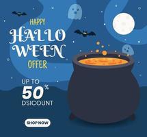 felice halloween social media post banner con illustrazione di barilotto in sfondo blu cielo di colore vettore