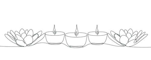 tre candele e fiori di loto contorno disegno striscione. vettore continuo uno linea disegno olio lampade per Diwali Festival nel silhouette isolato su un' bianca sfondo. Diwali schema illustrazione