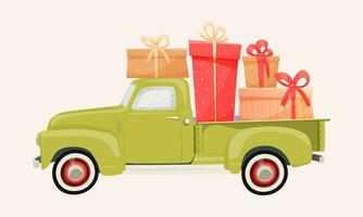 contento San Valentino giorno, verde Raccogliere camion con rosa i regali. Vintage ▾ Raccogliere camion consegna i regali adatto per il design di carte, striscioni, manifesti, cartello, volantino, Stampa vettore