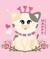 San Valentino saluto carta, gatto cartone animato carattere, contento San Valentino giorno mano disegno illustrazione vettore