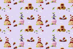 cartone animato stile confetteria modello su viola sfondo. scarabocchio. torta, cupcake, biscotti. vettore illustrazione per forno, manifesto, striscione, sito web, annuncio. vettore illustrazione con colorato