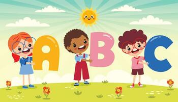 cartone animato bambini in posa con alfabeto lettera vettore