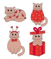 impostato di cartone animato San Valentino giorno gatto personaggi. carino gattini nel regalo scatola, maglione, ghirlanda, fascia per capelli. vettore piatto illustrazione.