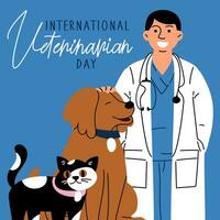 internazionale del veterinario giorno, vettore arte illustrazione. il medico è sorridente a un' uomo nel un' medico toga con un' gatto e un' cane. animale domestico cura. un iscrizione, un' bandiera per il vacanza. diversità di personale