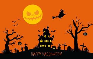 sfondo di halloween vacanza. sagome nere di zucche, streghe e casa stregata su sfondo arancione cielo notturno. cimitero e alberi spezzati. illustrazione vettoriale eps10.