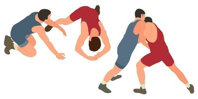 Immagine di atleti lottatori nel lotta, battagliero. Greco romano lotta, combattere, combattere, lotta, alle prese, duello, misto marziale arte, sportività vettore