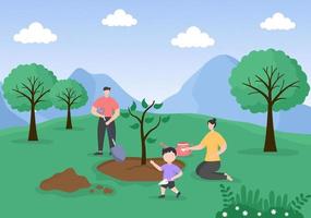 le persone che piantano alberi piatto fumetto illustrazione vettoriale con giardinaggio, agricoltura e agricoltura usano le radici degli alberi o una pala per la cura dell'ambiente concept