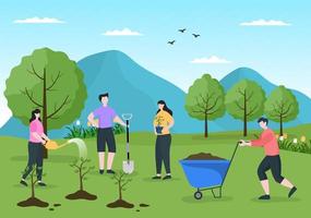 le persone che piantano alberi piatto fumetto illustrazione vettoriale con giardinaggio, agricoltura e agricoltura usano le radici degli alberi o una pala per la cura dell'ambiente concept