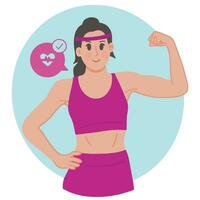 sportivo donna salutare allenarsi mostrando forte braccio muscolo e flessione bicipite vettore