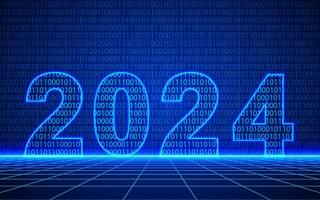 2024 numero e binario codice con neon schema scena su futuristico tecnologico griglia sfondo. digitale informatica spazio disegno, cyberpunk tecnologia, virtuale realtà, scienza finzione matrice fondale vettore