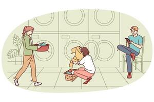 persone lavaggio Abiti nel pubblico lavanderia. uomini e donne pulito capi di abbigliamento nel lavanderia a gettoni. vettore illustrazione.