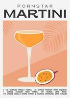 pornostar Martini cocktail guarnito con passione frutta. classico alcolizzato bevanda ricetta. estate aperitivo manifesto. minimalista di moda Stampa con alcolizzato bere. vettore piatto illustrazione.