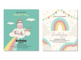 compleanno invito carta impostato con unicorno, arcobaleni, e nuvole. vettore