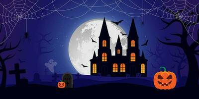 contento Halloween bandiera o festa invito sfondo con pieno Luna castello pipistrelli attraversare zucche ragni fantasma vettore piatto illustrazione