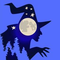 strega con un' cappello, Luna, stelle ans abete alberi nel blu tonnellate, illustrazione per Halloween celebrazione vettore