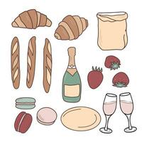 francese cibo impostare. Champagne bottiglia, occhiali, fragole e amaretti. Cornetti e baguette. vettore colorato piatto illustrazione nel cartone animato stile.