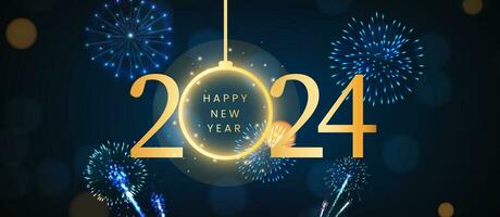nuovo anno fuoco d'artificio e d'oro numeri 2024, blu sfondo. celebrazione nuovo anni vigilia. bandiera o saluto carta per allegro Natale e contento nuovo anno, vettore illustrazione.