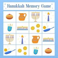 gioco di memoria con i simboli della festa ebraica hanukkah, dreidel, ciambelle, vasetto di olio, monete, latkes. illustrazione vettoriale. vettore