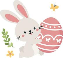 piatto vettore illustrazione. carino coniglietto in esecuzione con Pasqua uovo