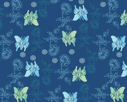 elegante farfalle e fiori su buio blu modello vettore