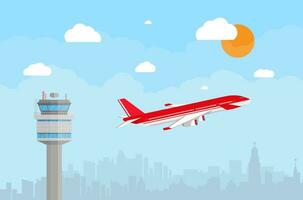 cartone animato sfondo con grigio aeroporto controllo Torre e volante rosso civile aereo dopo prendere via nel blu cielo con nuvole, sole e città orizzonte silhouette. vettore illustrazione nel piatto design