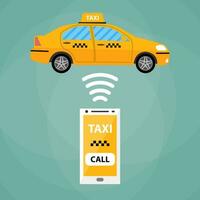 Taxi mobile App concetto. bianca smartphone con mobile App e giallo Taxi macchina. Taxi per smartphone. chiamata Taxi. Taxi macchina. vettore illustrazione nel semplice piatto design su verde sfondo