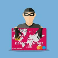 un' ladro con un' credito carta. anti frode, Internet sicurezza, sicurezza pagamenti, vettore illustrazione nel piatto stile su blu sfondo