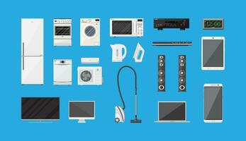 domestico elettrodomestici e elettronico dispositivi impostato su blu sfondo. vettore illustrazione nel piatto stile
