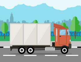 piccolo moderno carico camion per trasporto. paesaggio urbano, fiume, nuvole. vettore illustrazione nel piatto stile