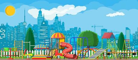 bambini terreno di gioco scuola materna panorama. urbano bambino divertimento. diapositiva scala a pioli, a dondolo giocattolo su molla, diapositiva tubo, swing giostra bilanciatore, sabbiera. città parco. paesaggio urbano. vettore illustrazione piatto stile