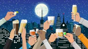 mani gruppo Tenere bicchieri con vino, Vodka, Tequila, liquore, Champagne, whisky, birra, Cognac bevande. celebrazione cerimonia, Giorni santi. notte vita paesaggio urbano Luna vettore illustrazione nel piatto stile