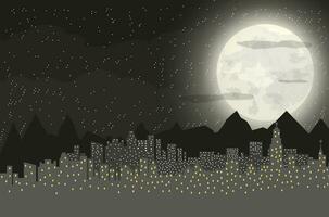 silhouette di il città e montagne con nuvoloso notte cielo, stelle e pieno Luna. vettore illustrazione