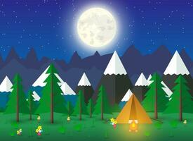 estate campeggio con un' fuoco di bivacco nel notte volta, foresta, montagne, cielo, stelle, Luna. viaggio e vacanza concetto, eco turismo. vettore illustrazione nel piatto design