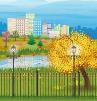 paesaggio di autunno città parco. ferro recinto e strada lampade. foresta e stagno nuvole. paesaggio urbano. vettore illustrazione