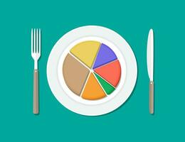 colorato attività commerciale grafico torta su piatto con forchetta e coltello. attività commerciale il pranzo. vettore illustrazione nel piatto stile