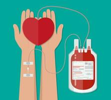 sangue Borsa e mano di donatore con cuore. sangue donazione giorno concetto. umano dona sangue. vettore illustrazione nel piatto stile.