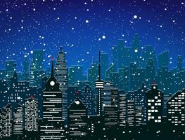 inverno città silhouette, ufficio e residenziale edifici, caduta fiocchi di neve. cielo. Natale e nuovo anno, inverno urbano paesaggio urbano vettore illustrazione